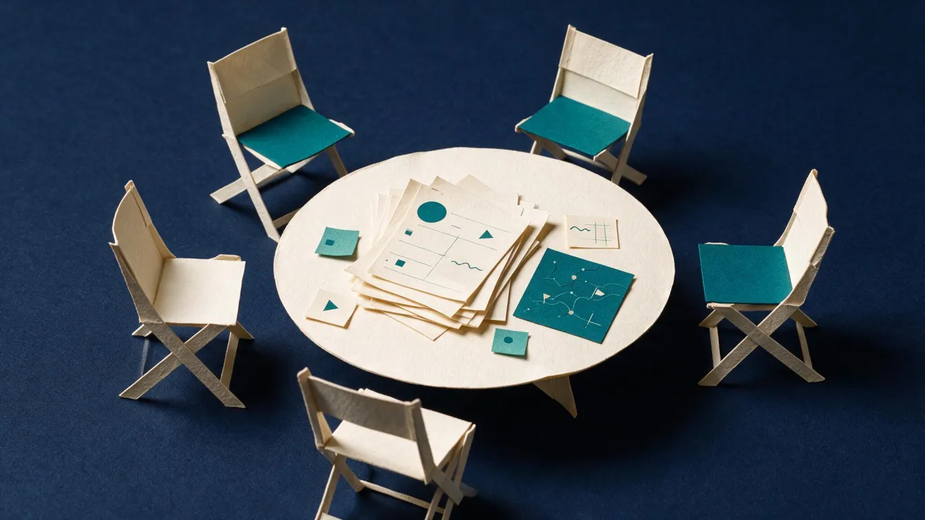Papercraft scene of a round table with five chairs and planning documents spread across it