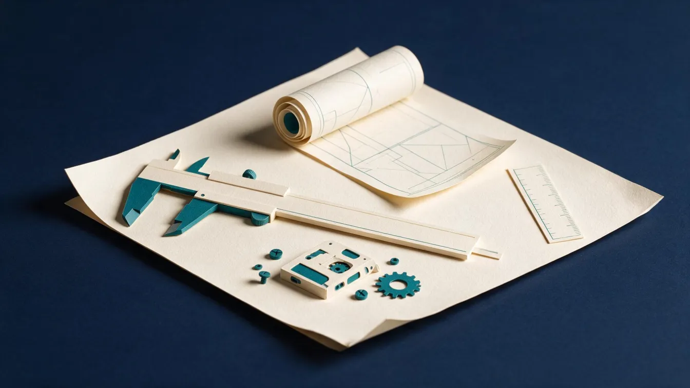Papercraft workbench with paper calipers, a rolled blueprint, screws, and a gear
