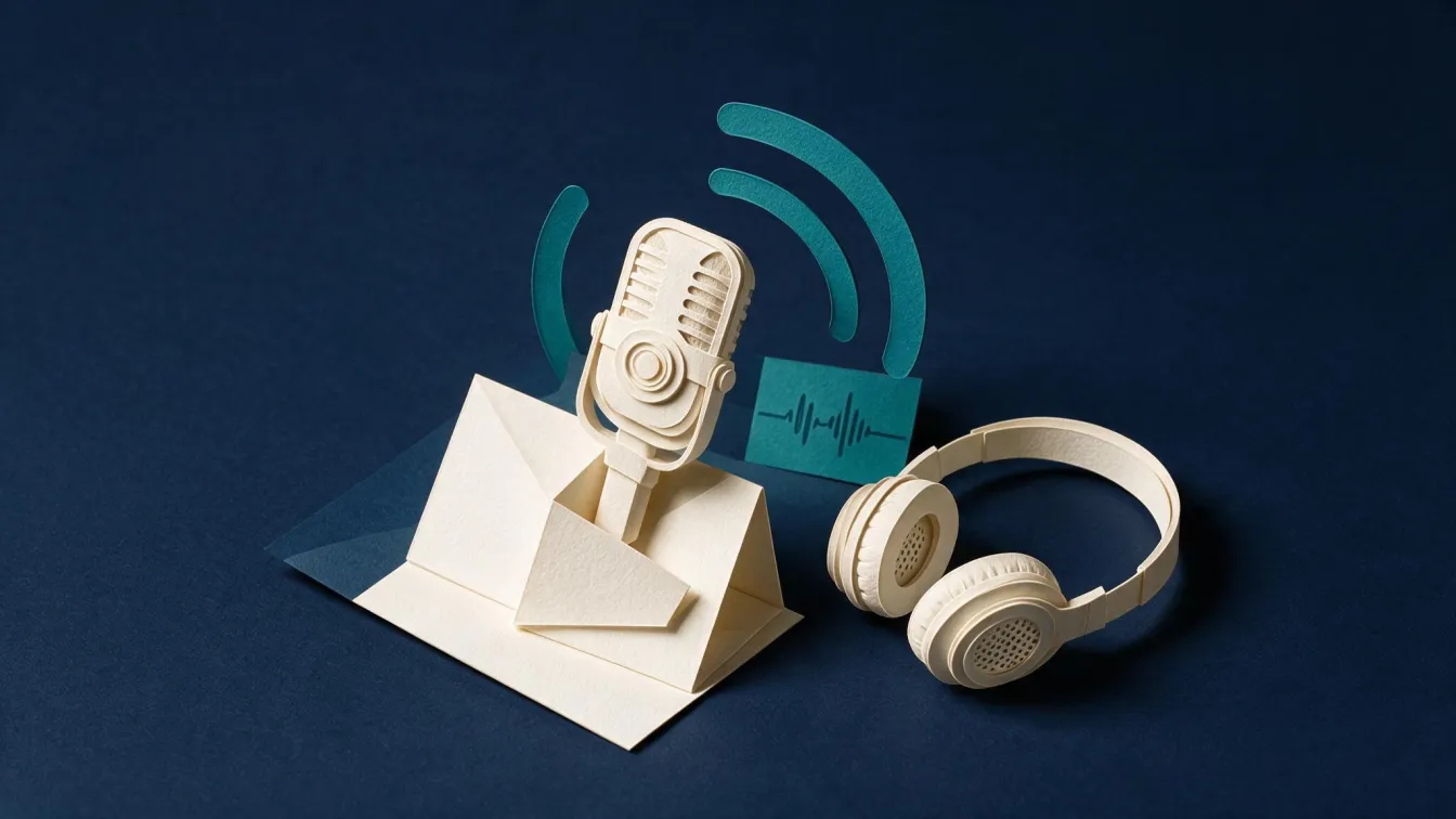 Cut-paper diorama of a broadcast microphone, headphones, and sound waves in Base Reality Group's papercraft style