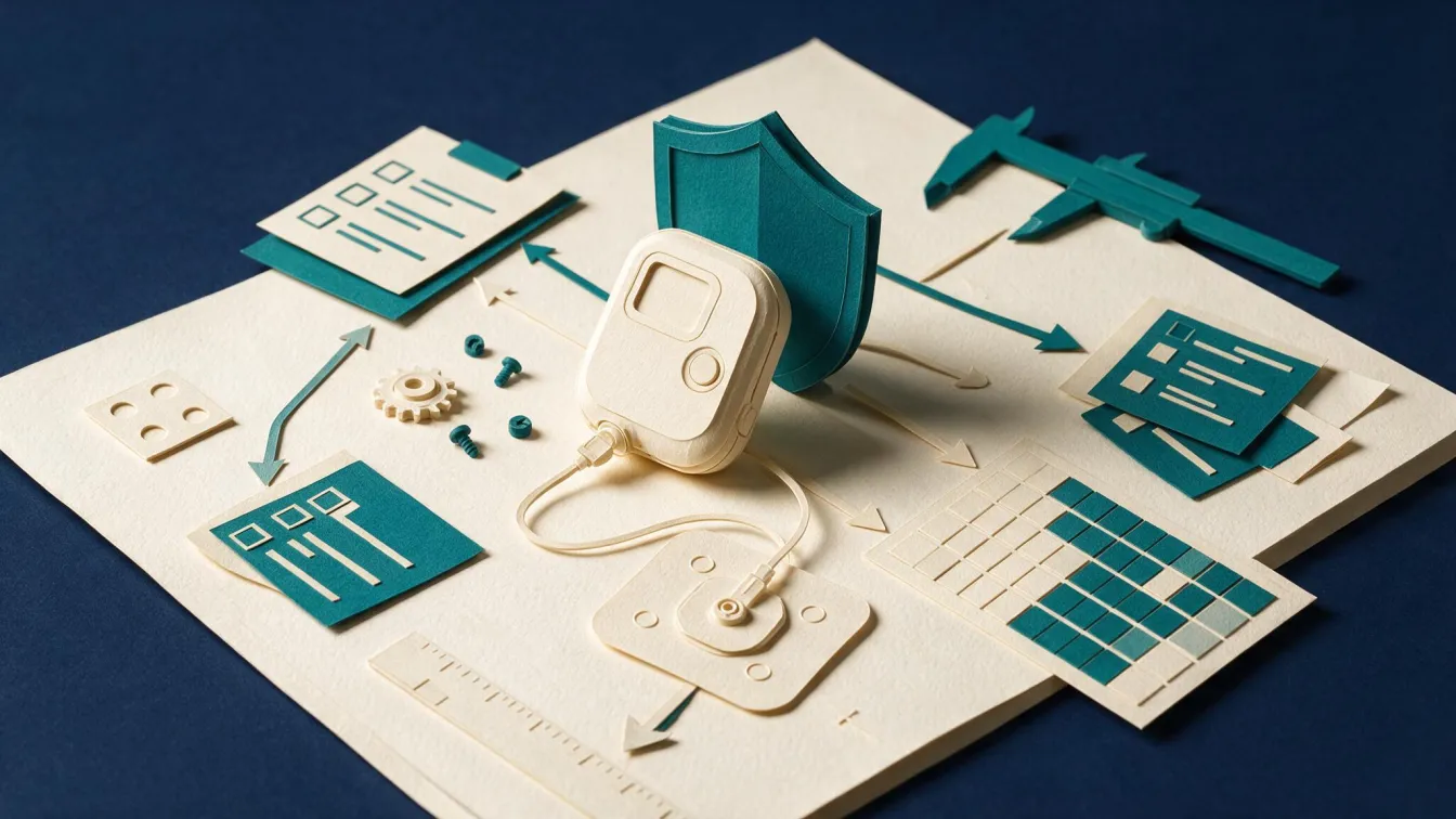 Papercraft diorama of the WearPump insulin pump surrounded by a risk matrix, shield, checklists, and calipers