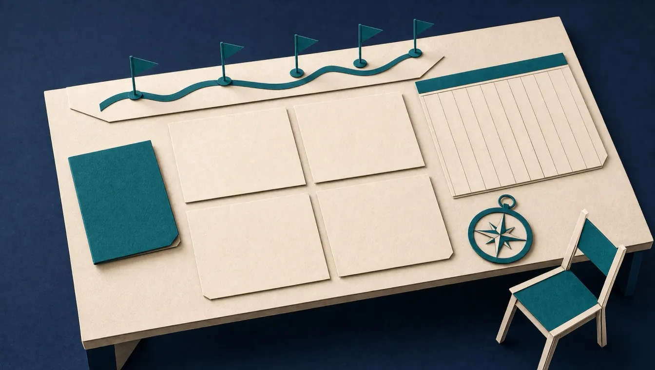 Papercraft desk with four cream decision cards, one teal card set apart, a roadmap strip with flags, a thirteen-column calendar, a compass, and a chair