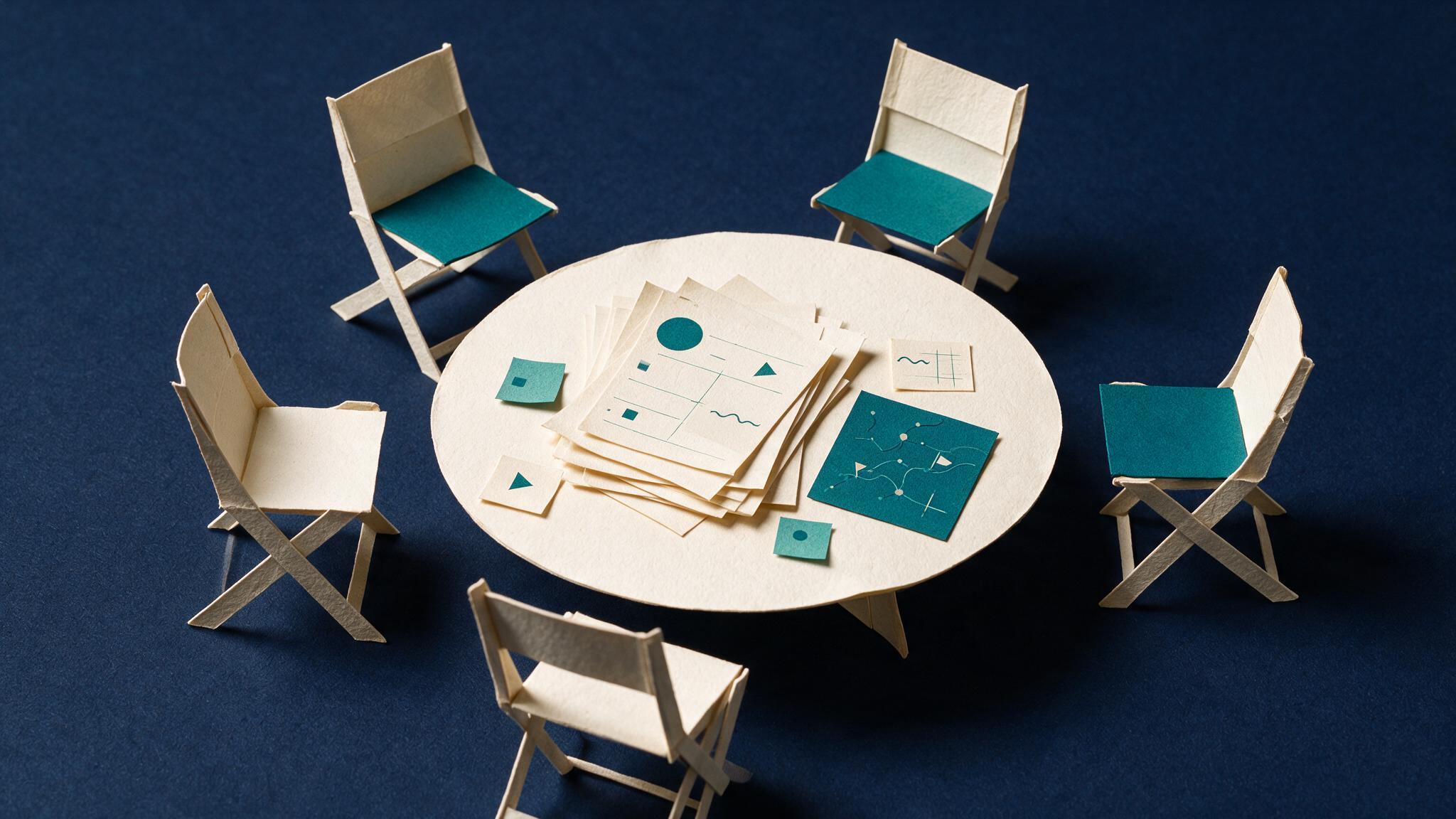 Papercraft scene of a round table with five chairs and planning documents spread across it