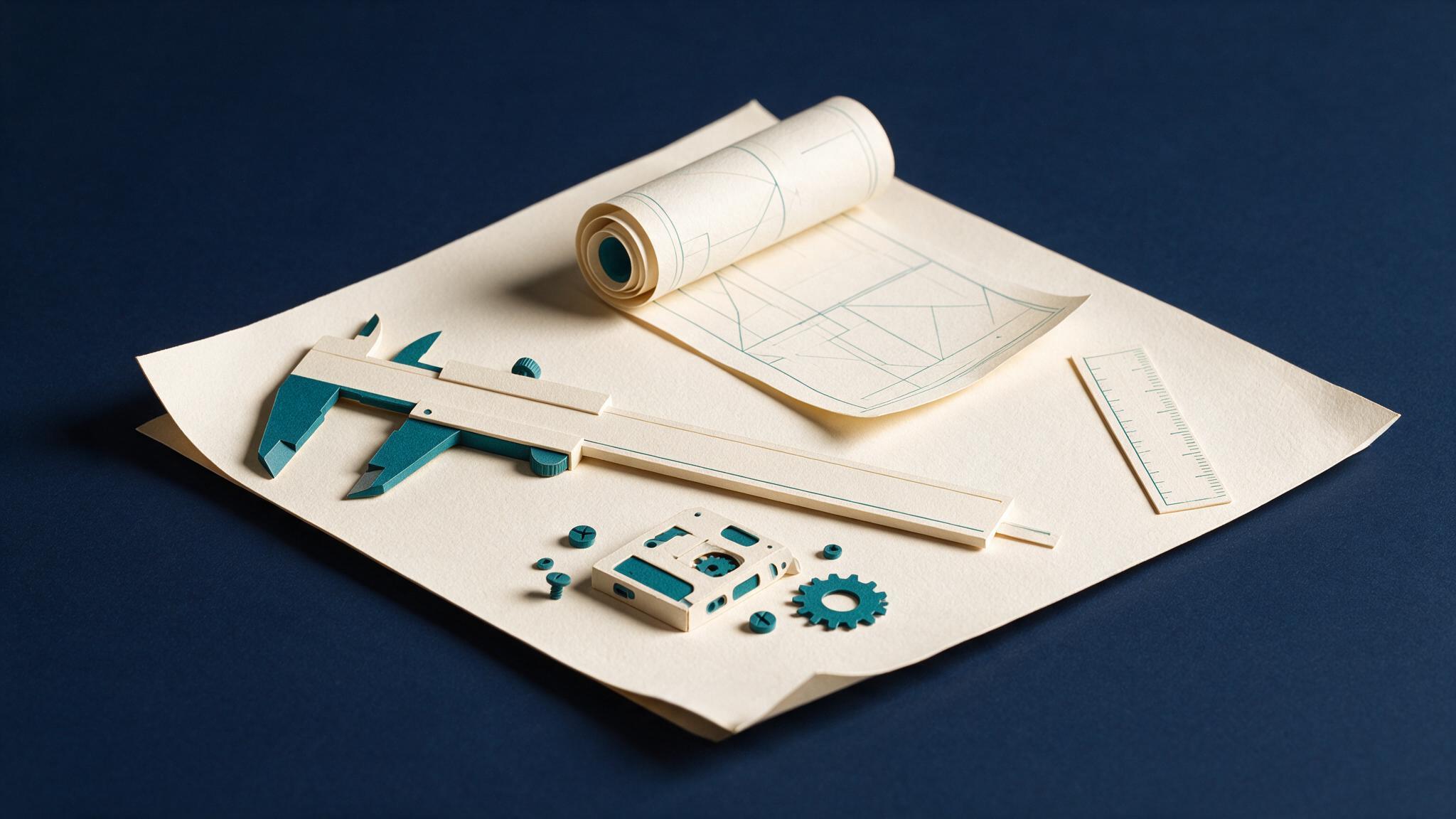Papercraft workbench with paper calipers, a rolled blueprint, screws, and a gear