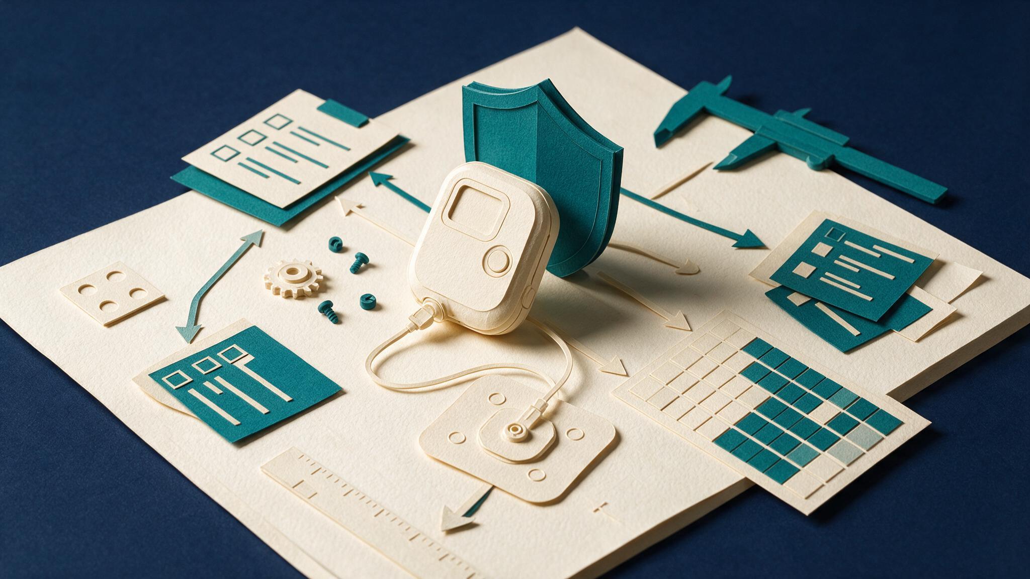 Papercraft diorama of the WearPump insulin pump surrounded by a risk matrix, shield, checklists, and calipers